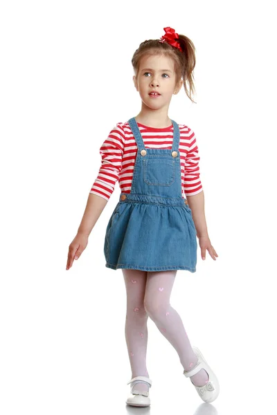 Little girl in denim sundress — Stock Photo, Image