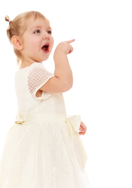 Girl in white dress gesticulating from — Zdjęcie stockowe
