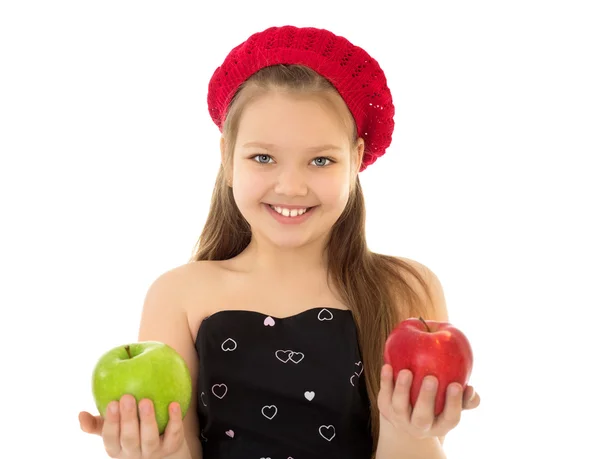 Girl with Apple in hands — Stock Photo, Image