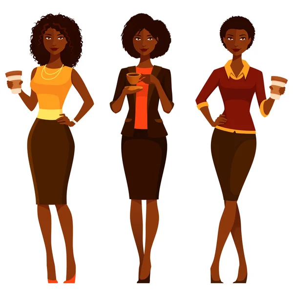 Mujeres afroamericanas en ropa de oficina, disfrutando de café — Archivo Imágenes Vectoriales