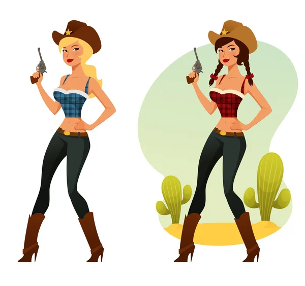 Beautiful cowgirl with a pistol — Stock Vector