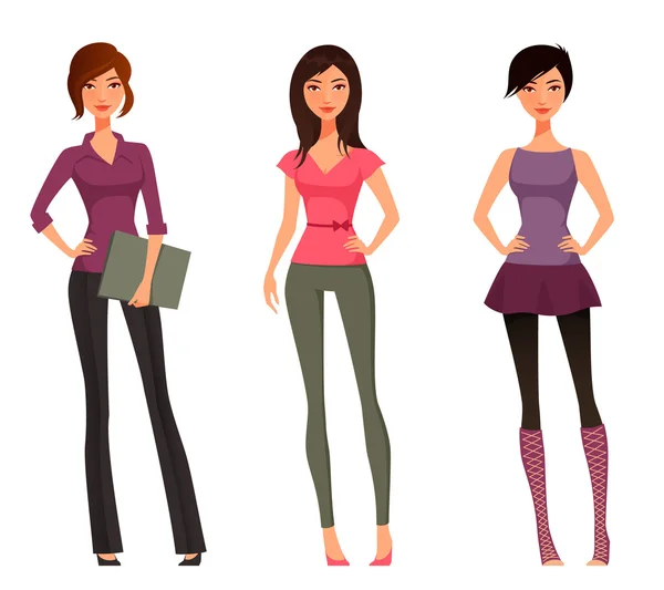Cute cartoon meisjes in verschillende outfits — Stockvector