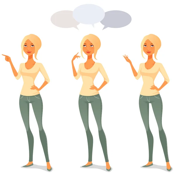 Mujer linda de la historieta en ropa casual en varias poses — Vector de stock