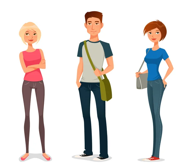 Cute cartoon illustration of young people in casual fashion - Stok Vektor