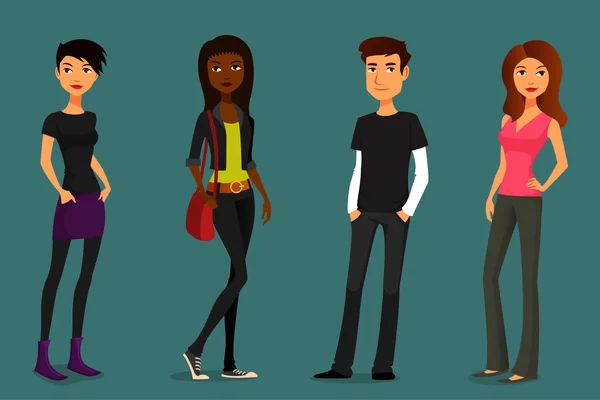 Söta och färgglada tecknade människor i olika outfits — Stock vektor