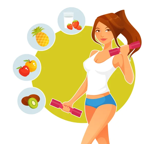 Sporty cartoon girl with dumbbells and variety of healthy fruits — Stock Vector