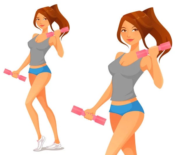 Cute cartoon girl exercising with dumbbells — Stock Vector