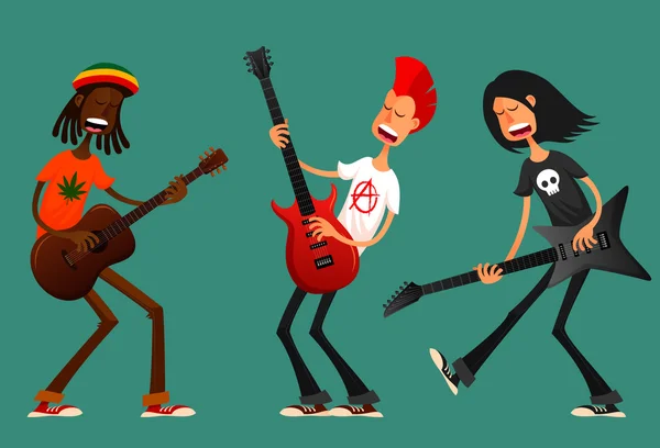 Dibujos animados divertidos con chicos tocando la guitarra — Vector de stock