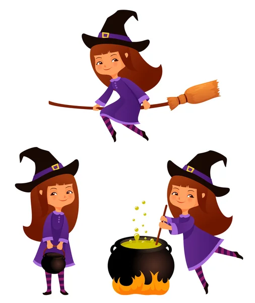 Cute cartoon illustrations of a small witch girl — Stock Vector