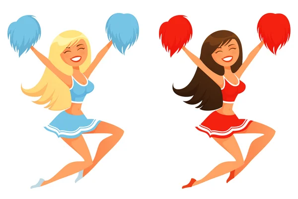 Funny cartoon illustration of jumping cheerleader girls — Stock Vector