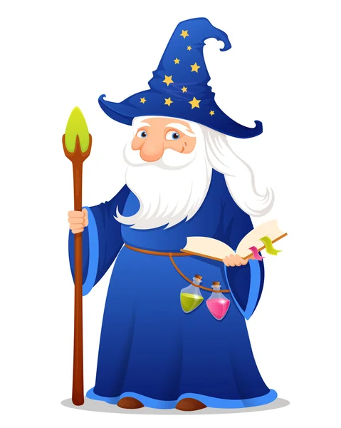 Cute cartoon wizard with magic book, potions and staff — Stock Vector