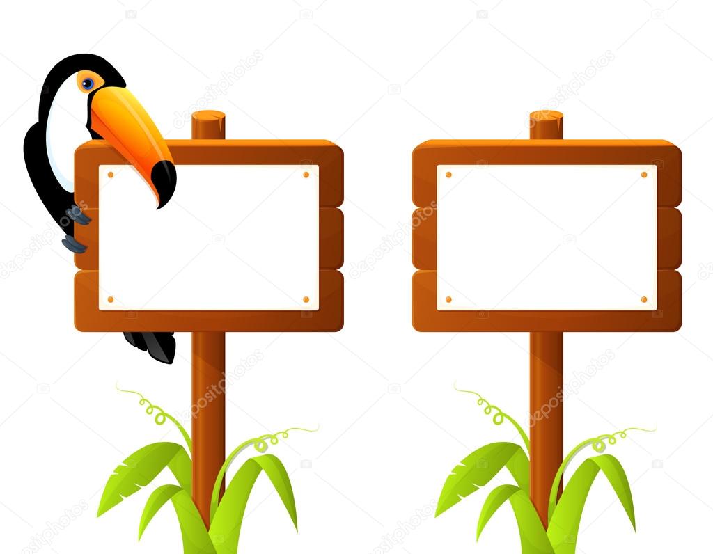 cute toucan bird sitting on wooden sign board