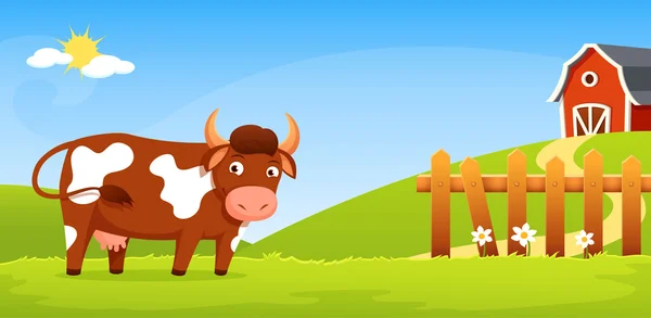 Vaca sorridente com fundo verde, a fazenda e a cerca de madeira — Vetor de Stock