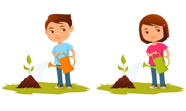 Cute kids watering plants — Stockvector