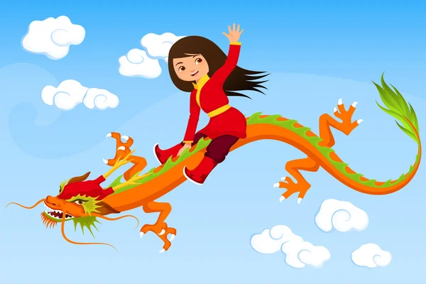 Cute Asian girl riding a dragon — Stock Vector