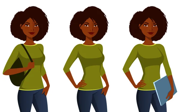Ilustração dos desenhos animados da garota afro-americana em roupas casuais — Vetor de Stock