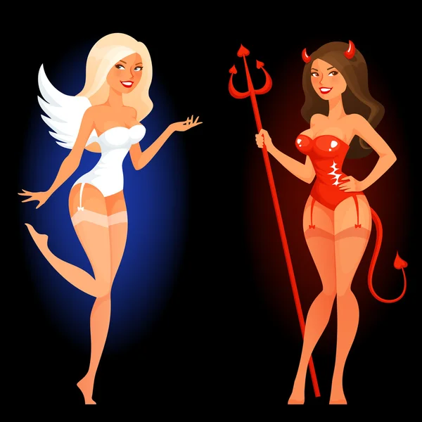 穿着天使或魔鬼装束的女孩性感的卡通针 — 图库矢量图片
