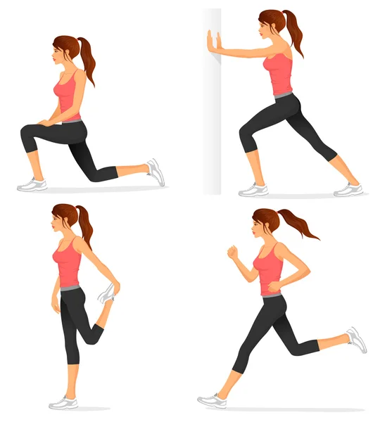 Illustrations of basic stretching exercises related to jogging — Stock Vector
