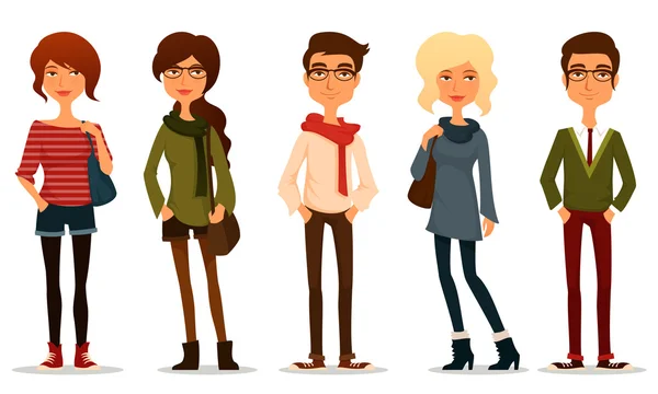 Funny cartoon illustration of young people with hipster fashion style — Stock Vector