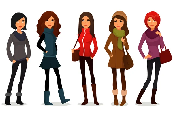 Meninas cartoon peculiares em roupas coloridas de outono — Vetor de Stock