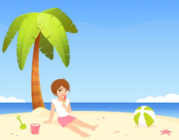Linda garota sentada na praia ensolarada — Vetor de Stock