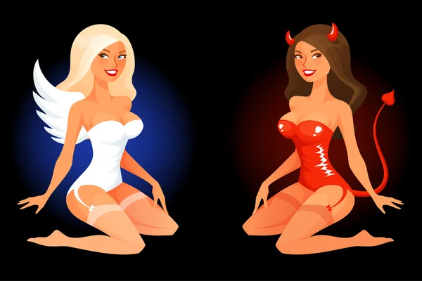 Sexy cartoon pinup girl in angel or devil costume — Stock Vector