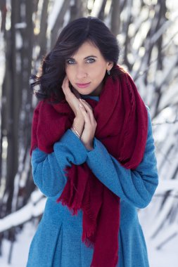 Kırmızı eşarp ve mavi ceket ayakta karlı ağaç parkta giymiş genç esmer kadın