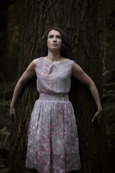 暗い公園で木をハグする若い女性 — ストック写真