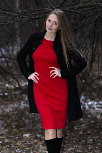 Menina atraente em vestido vermelho e casaco preto de pé no parque de inverno — Fotografia de Stock