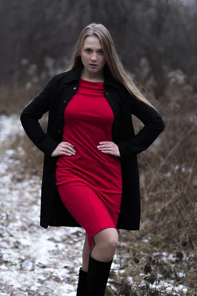 Mujer atractiva joven en vestido rojo y abrigo negro en el parque de invierno —  Fotos de Stock