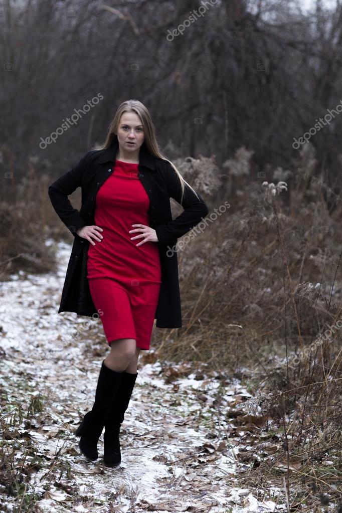 red dress black coat