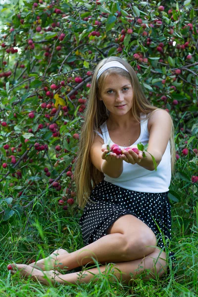 Привлекательная девушка предлагает яблоки в руках и улыбается — стоковое фото