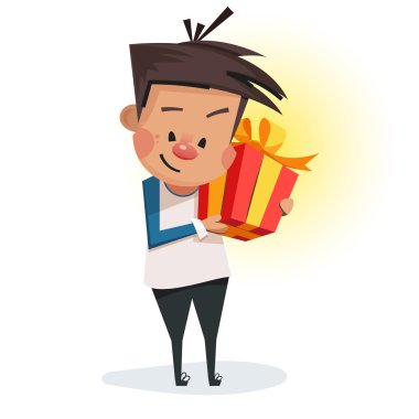 Mutlu çocuk bir Noel hediyesi tutarak ellerinde kutu.