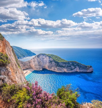Navagio plaj batık ve günbatımı karşı çiçeklerle Zakynthos Adası Yunanistan
