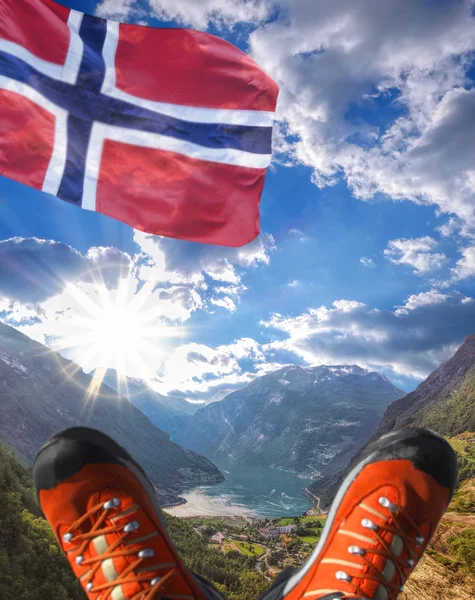 Geiranger fjord with flag of Norway — Stock Photo, Image