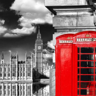 London symbols with BIG BEN and red PHONE BOOTHS in England, UK clipart