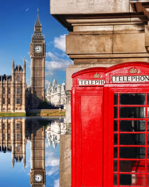 Símbolos de Londres con BIG BEN y cabinas telefónicas rojas en Inglaterra, Reino Unido —  Fotos de Stock