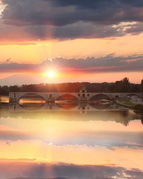 Avignon Bridge with Rhone river at sunset, Pont Saint-Benezet, Provence, France — Stock Photo, Image