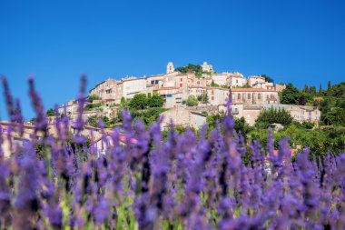 Simiane la Rotonde village with lavender field in Provence, France clipart