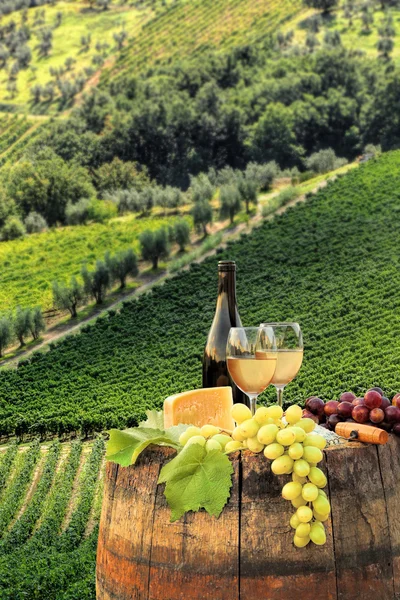 White wine with barrel on famous vineyard in Chianti, Tuscany, Italy — Stock Photo, Image