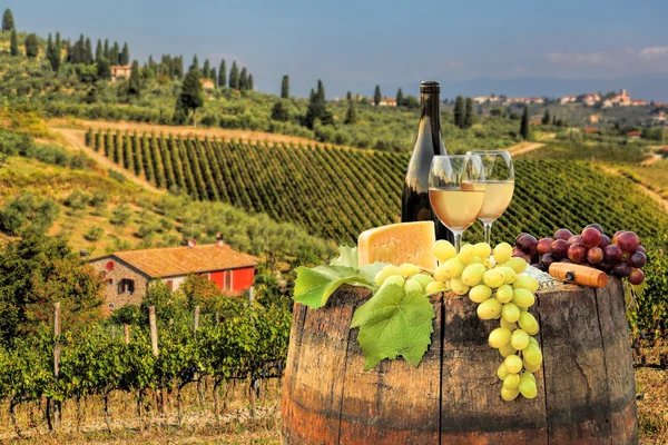 Vino blanco con barril en el famoso viñedo en Chianti, Toscana, Italia — Foto de Stock