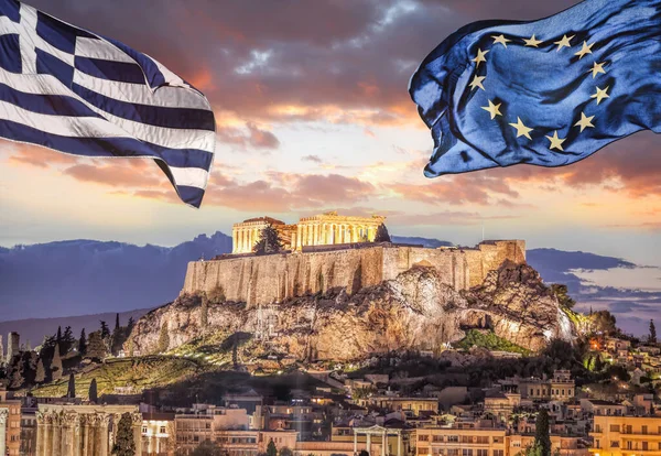 Acropole Templu Parthenon Împotriva Steagurilor Grecești Europene Din Atena Grecia — Fotografie, imagine de stoc