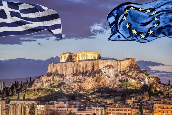 Acropole Avec Temple Parthénon Contre Les Drapeaux Grecs Européens Athènes — Photo