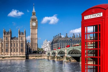 London symbols with BIG BEN, DOUBLE DECKER BUSES and Red Phone Booth in England, UK clipart