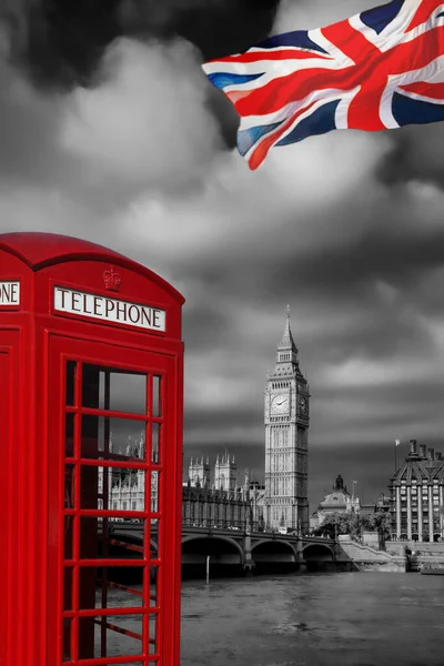 Londonsymboler Med Big Ben Och Red Phone Booth England Storbritannien — Stockfoto