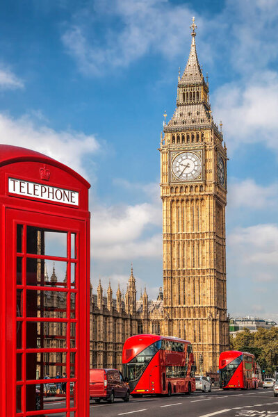 London symbols with BIG BEN, DOUBLE DECKER BUSES and Red Phone Booth in England, UK