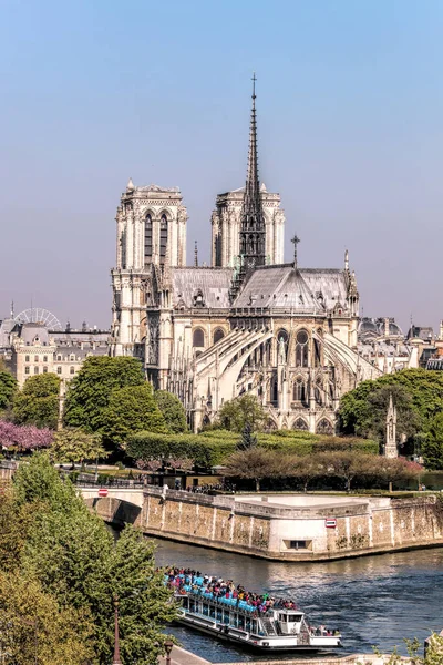 Paryż Katedra Notre Dame Łodzią Sekwanie Wiosną Francji — Zdjęcie stockowe