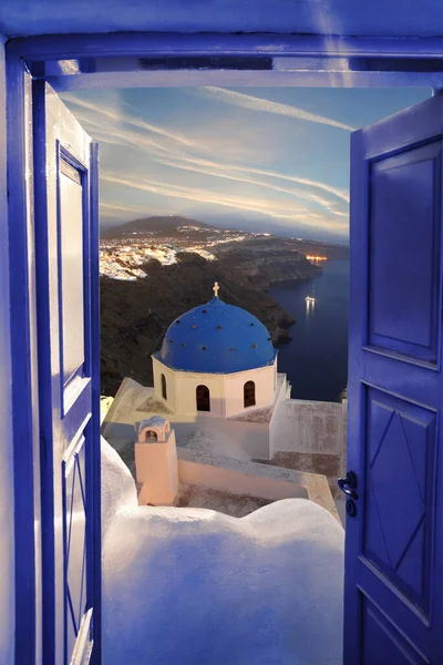 Santorini View Churches Blue Door Thira Town Greece —  Fotos de Stock