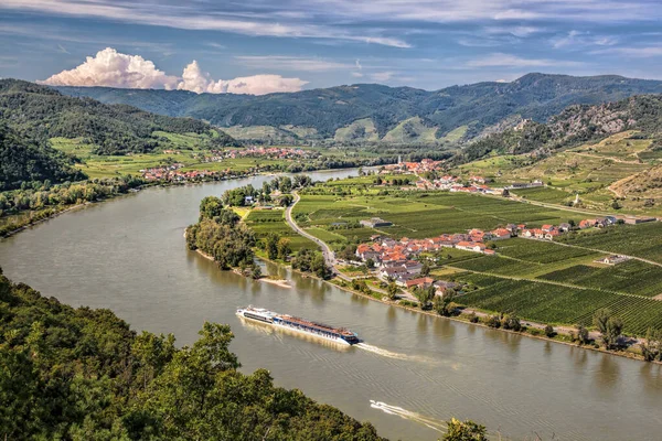 Panorama Del Valle Wachau Patrimonio Humanidad Unesco Con Barco Río — Foto de Stock