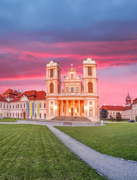 Biserica Mănăstirii Goettweig Lângă Krems Împotriva Apus Soare Austria Inferioară — Fotografie, imagine de stoc